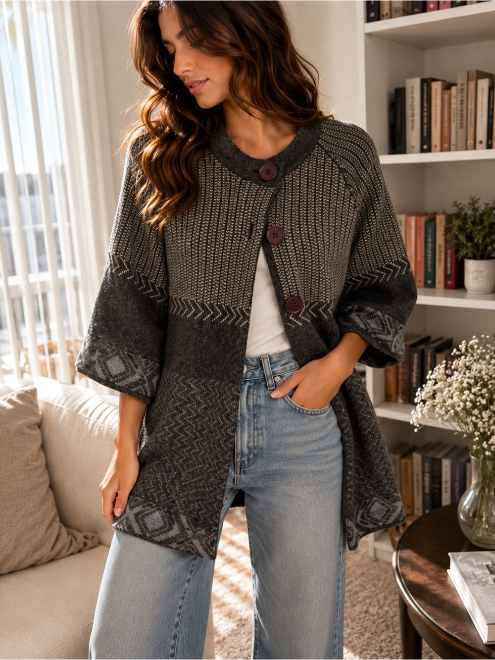 Hannah 100% Lambswool Gray Geometric Knit Button Cardigan Sweater M/M